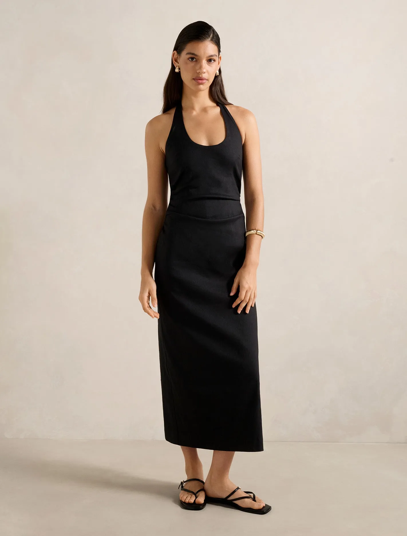 Esmee U-Neck Stretch Linen Midi Dress Japanese Neat