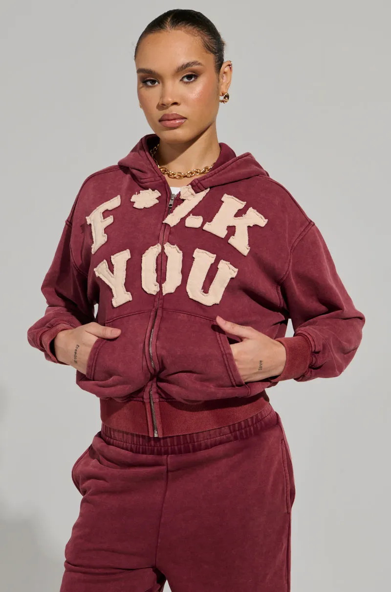fuzzy texture GRAPHIC LANGUAGE MINERAL WASH ZIP UP SWEATSHIRT IN BURGUNDY