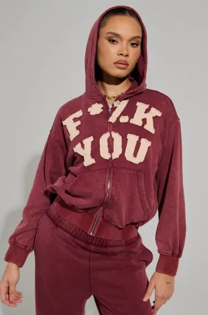 GRAPHIC LANGUAGE MINERAL WASH ZIP UP SWEATSHIRT IN BURGUNDY tribal print