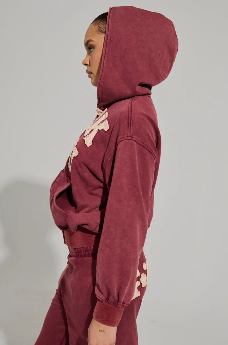 GRAPHIC LANGUAGE MINERAL WASH ZIP UP SWEATSHIRT IN BURGUNDY product high end luxury