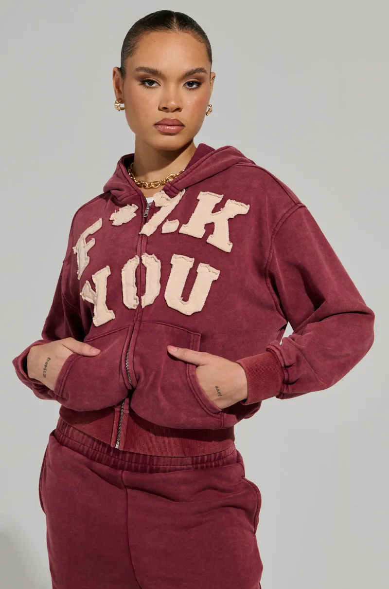 GRAPHIC LANGUAGE MINERAL WASH ZIP UP SWEATSHIRT IN BURGUNDY Vintage Look product gym ready performance