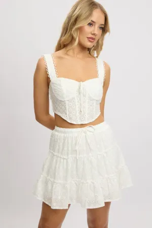 White Skater Skirt High Rise Tiered Mini Broidery Eyelet Modern Chic