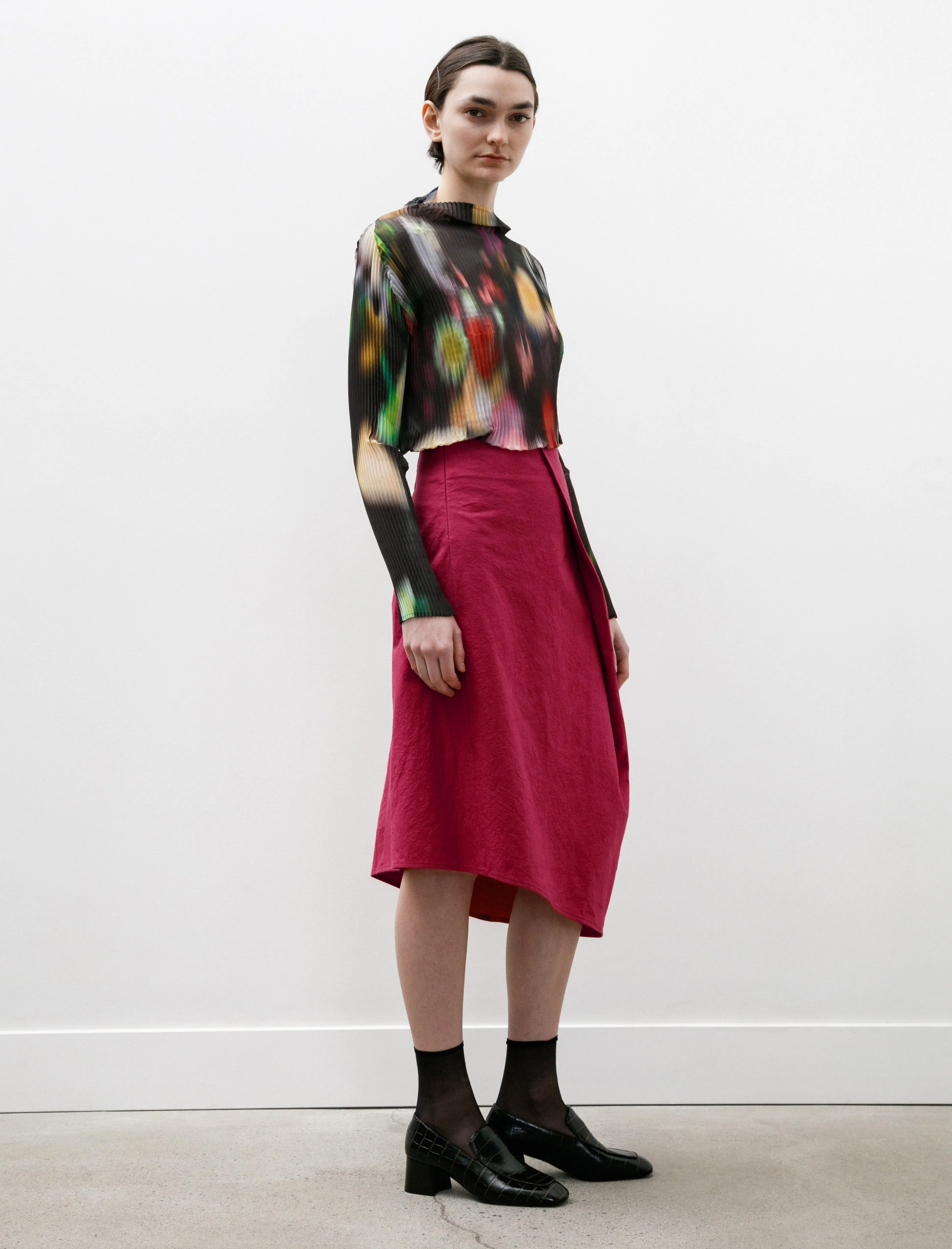 Leg Elongating Split hem Pleated Drape Skirt Cotton Hemp Red
