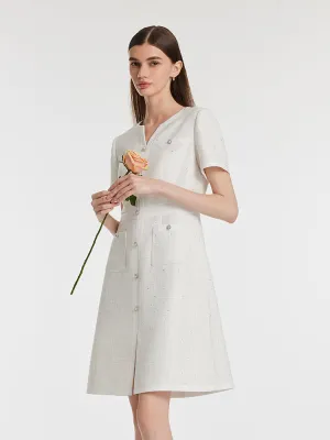 Oversized Pocket Gathered Waist Single-Breasted Sequins Tweed Mini Dress With Patch Pockets