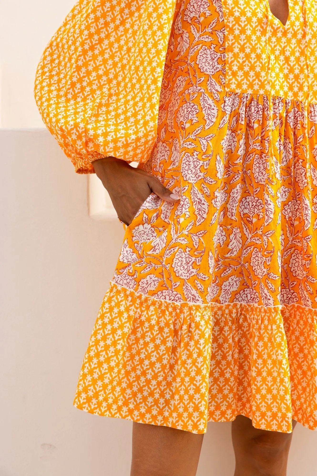 Marina Organic Cotton Print Mix Dress | Dianthus Print Yellow/White Shake Ready