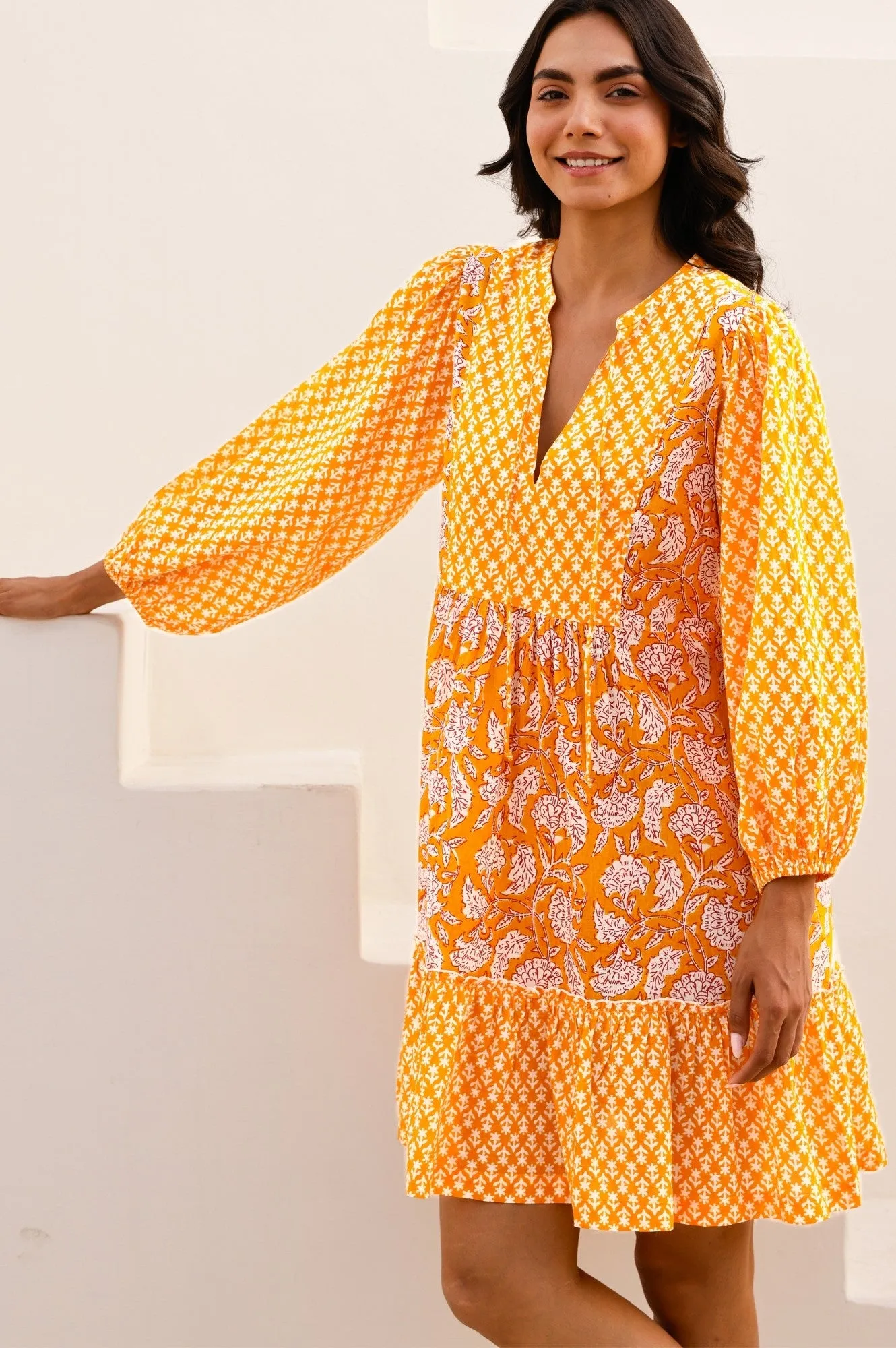 Marina Organic Cotton Print Mix Dress | Dianthus Print Yellow/White Trendy Wearable Confident Wear