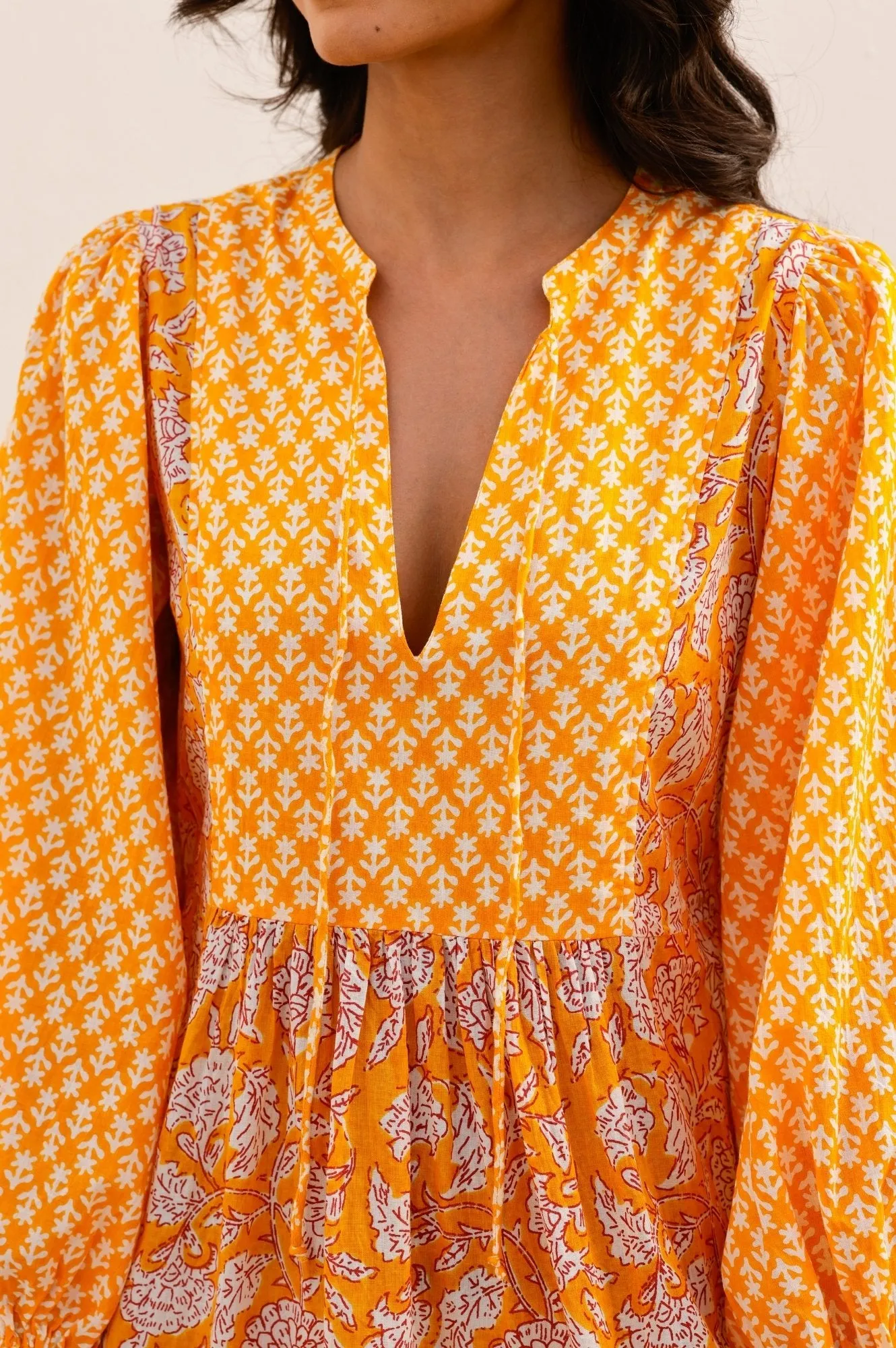 Bold Fashion Marina Organic Cotton Print Mix Dress | Dianthus Print Yellow/White
