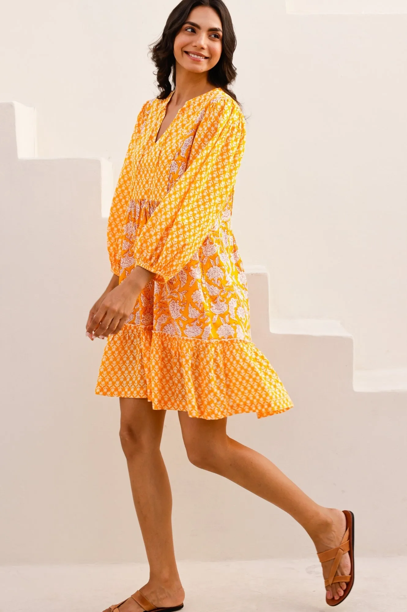 Urban Wear Marina Organic Cotton Print Mix Dress | Dianthus Print Yellow/White
