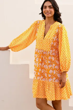 Marina Organic Cotton Print Mix Dress | Dianthus Print Yellow/White Trendy Wearable Confident Wear