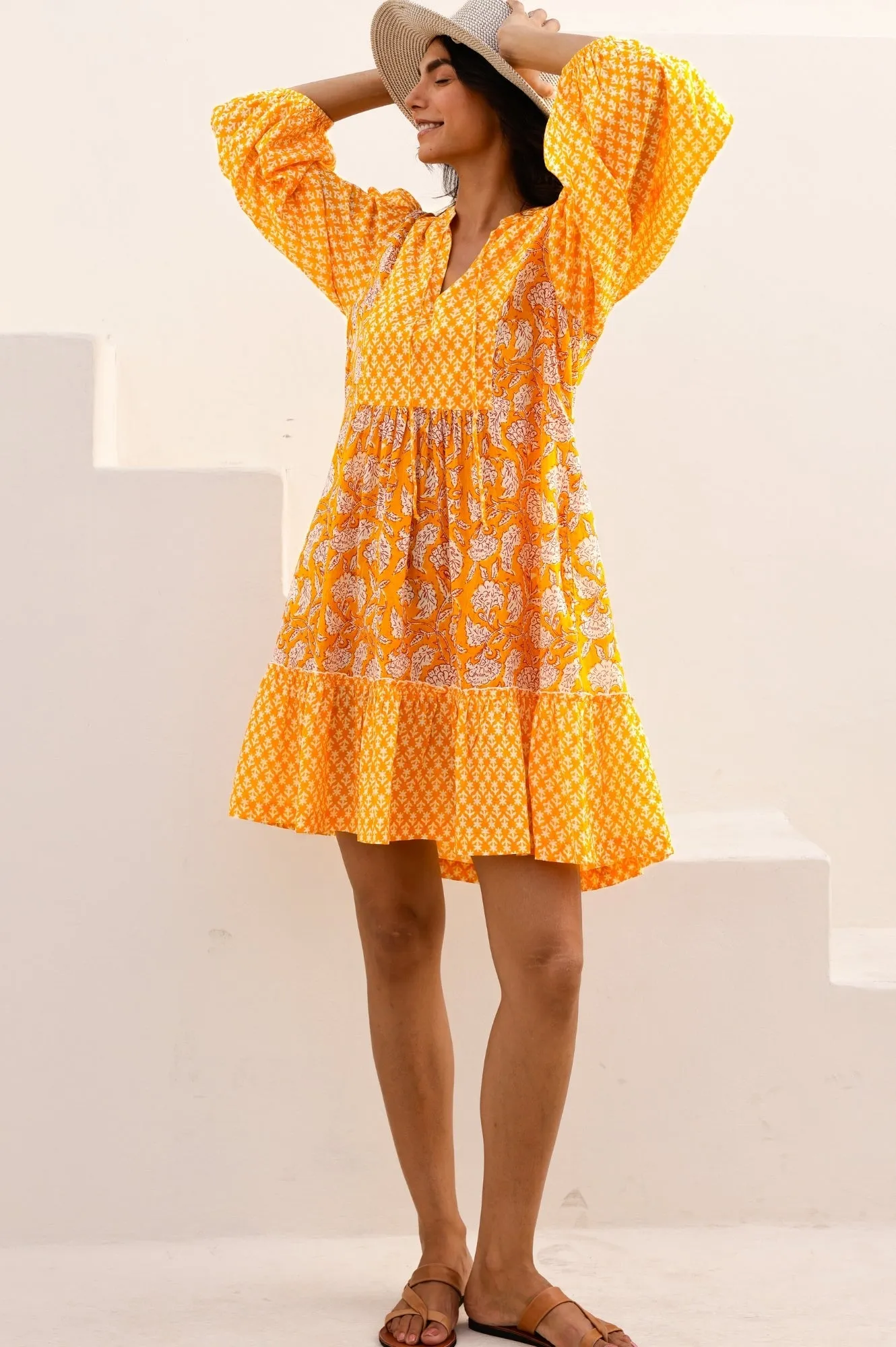 Marina Organic Cotton Print Mix Dress | Dianthus Print Yellow/White High Thread Count Cotton Sustainable production