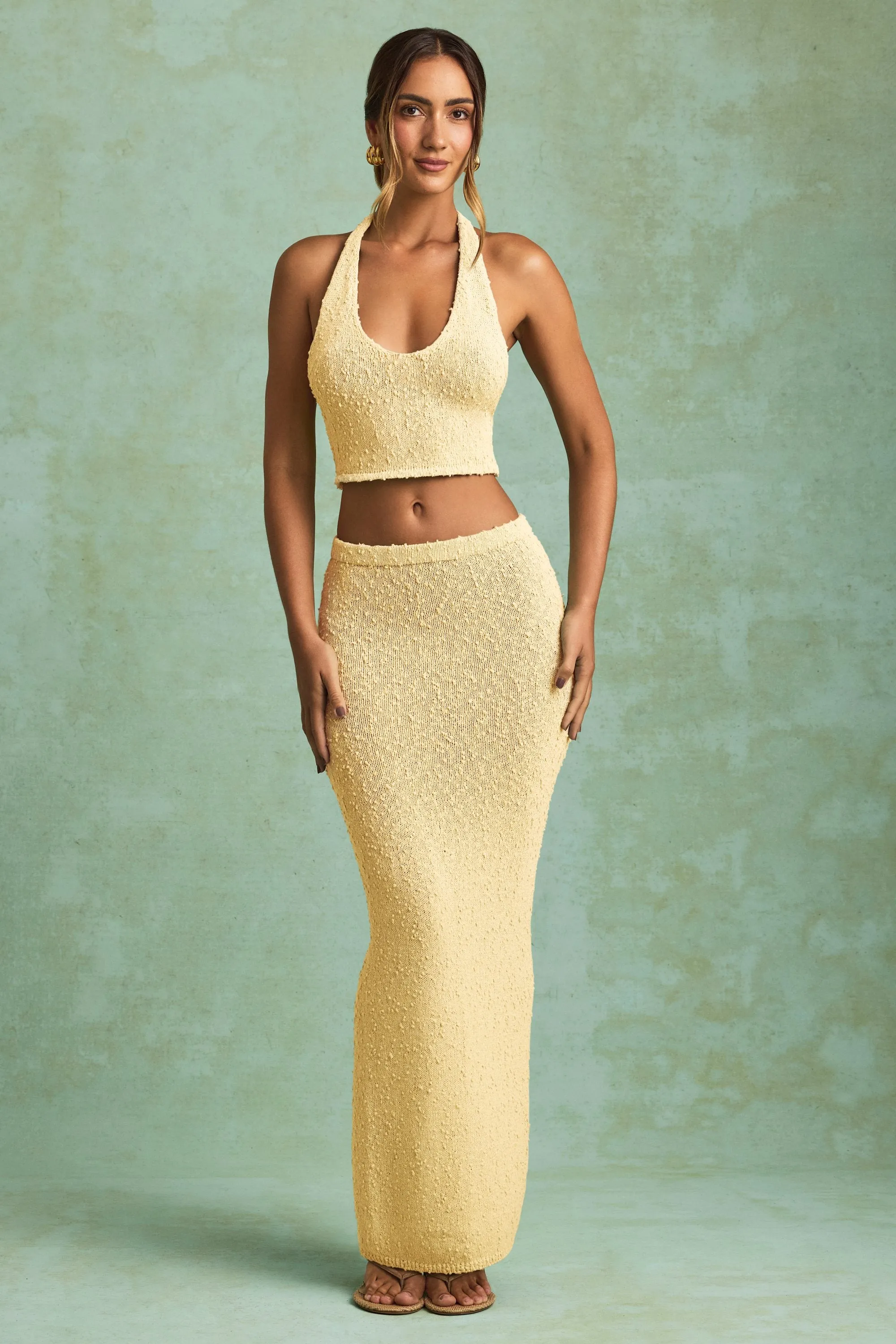 Soft Touch Boucl?? Mid-Rise Maxi Skirt in Yellow