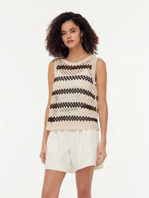 Yoga Friendly Design Performance Optimized Brown Stripe Women Open-Knit Tank Top
