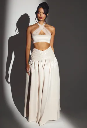 Woven Twill Voluminous Maxi Skirt in Ivory Convertible Length Signature Detail