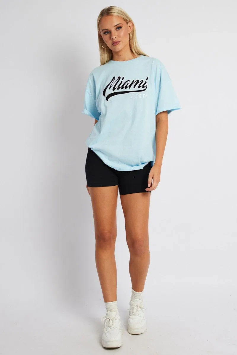 Blue Embroidery Baby Tee Slogan Crop T-shirt UV Protective Fabric