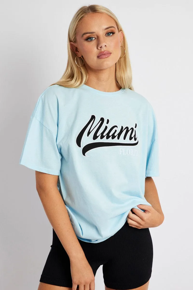 Casual Vibe Wear Blue Embroidery Baby Tee Slogan Crop T-shirt