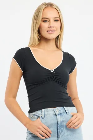 Relaxed Layer Black T-shirt Short Sleeve V-neck Lace Trim