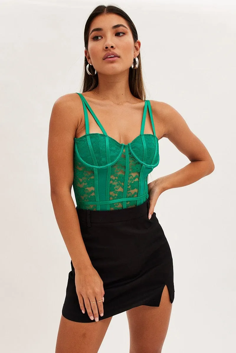Soft Sweater Green Lace Bodysuit Singlet