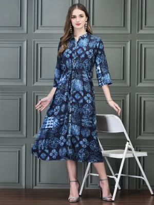 Soft Knit Women Liva Indigo Geometric Print Dress