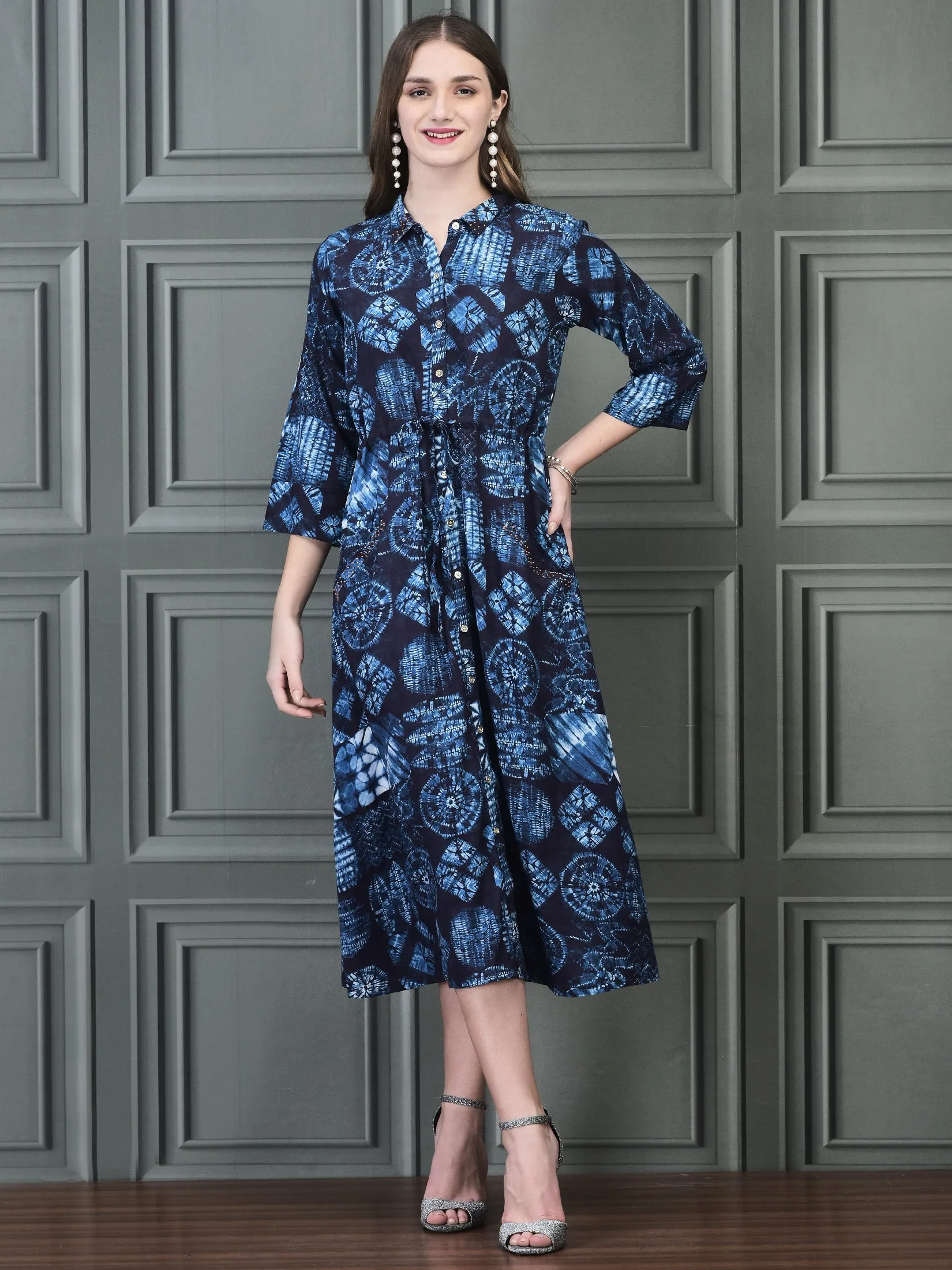 Tough Core Women Liva Indigo Geometric Print Dress