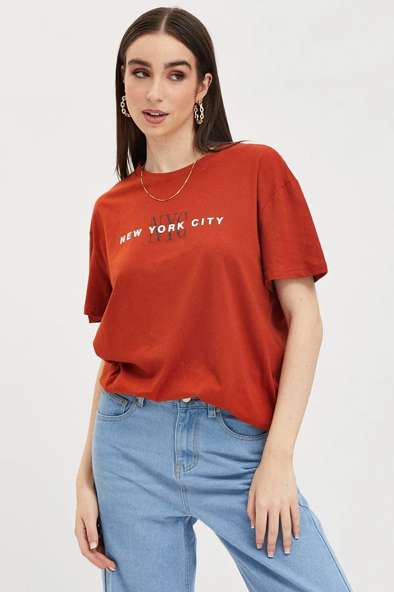 Brown Graphic T-Shirt Short Sleeve Minimalist Style