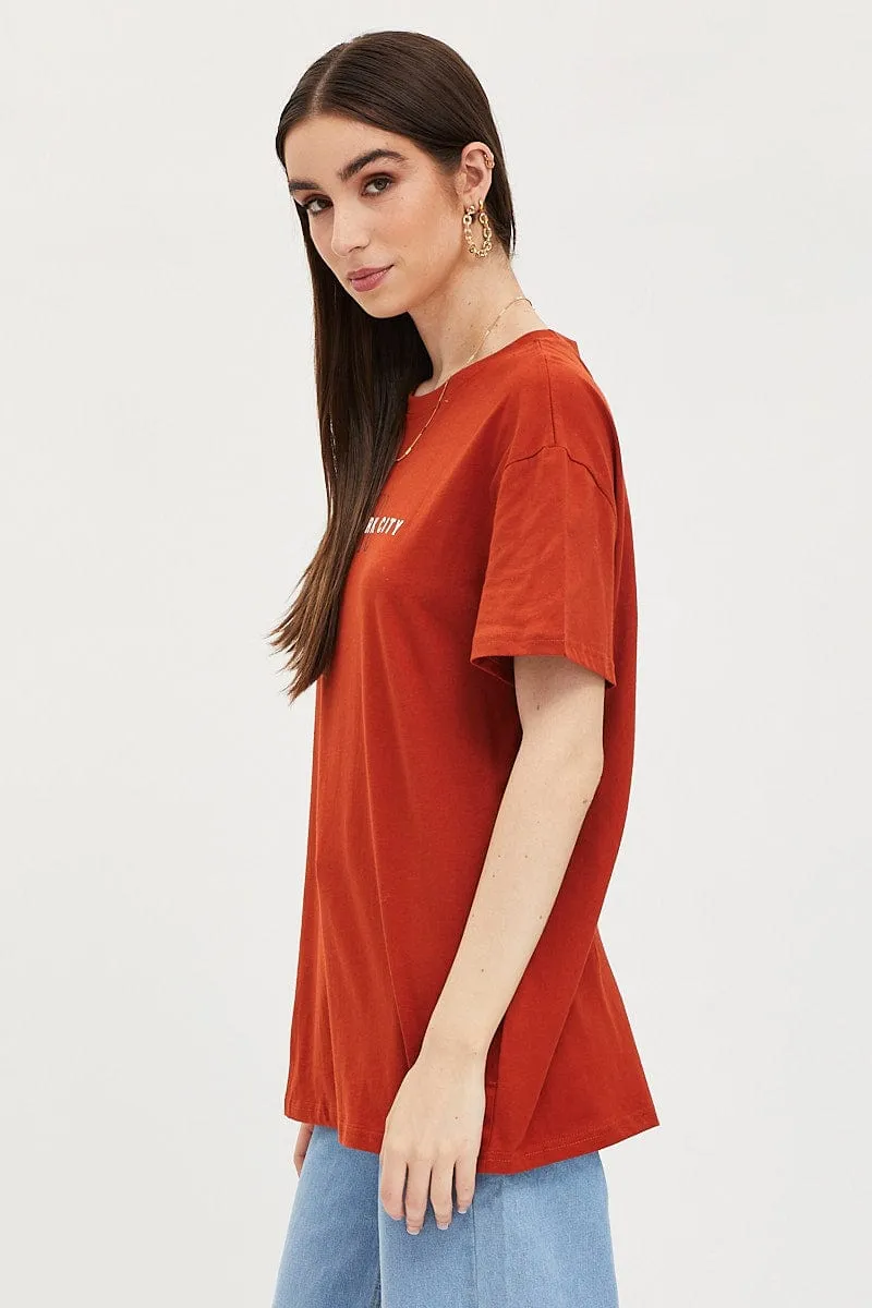Brown Graphic T-Shirt Short Sleeve Preppy