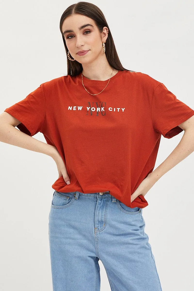 Printed Logo Brown Graphic T-Shirt Short Sleeve