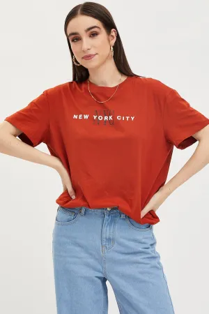 Printed Logo Brown Graphic T-Shirt Short Sleeve