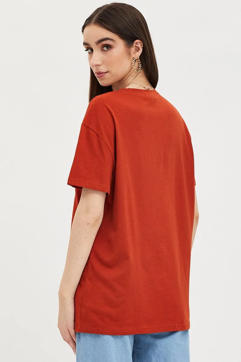 Brown Graphic T-Shirt Short Sleeve Reinforced Shoulders