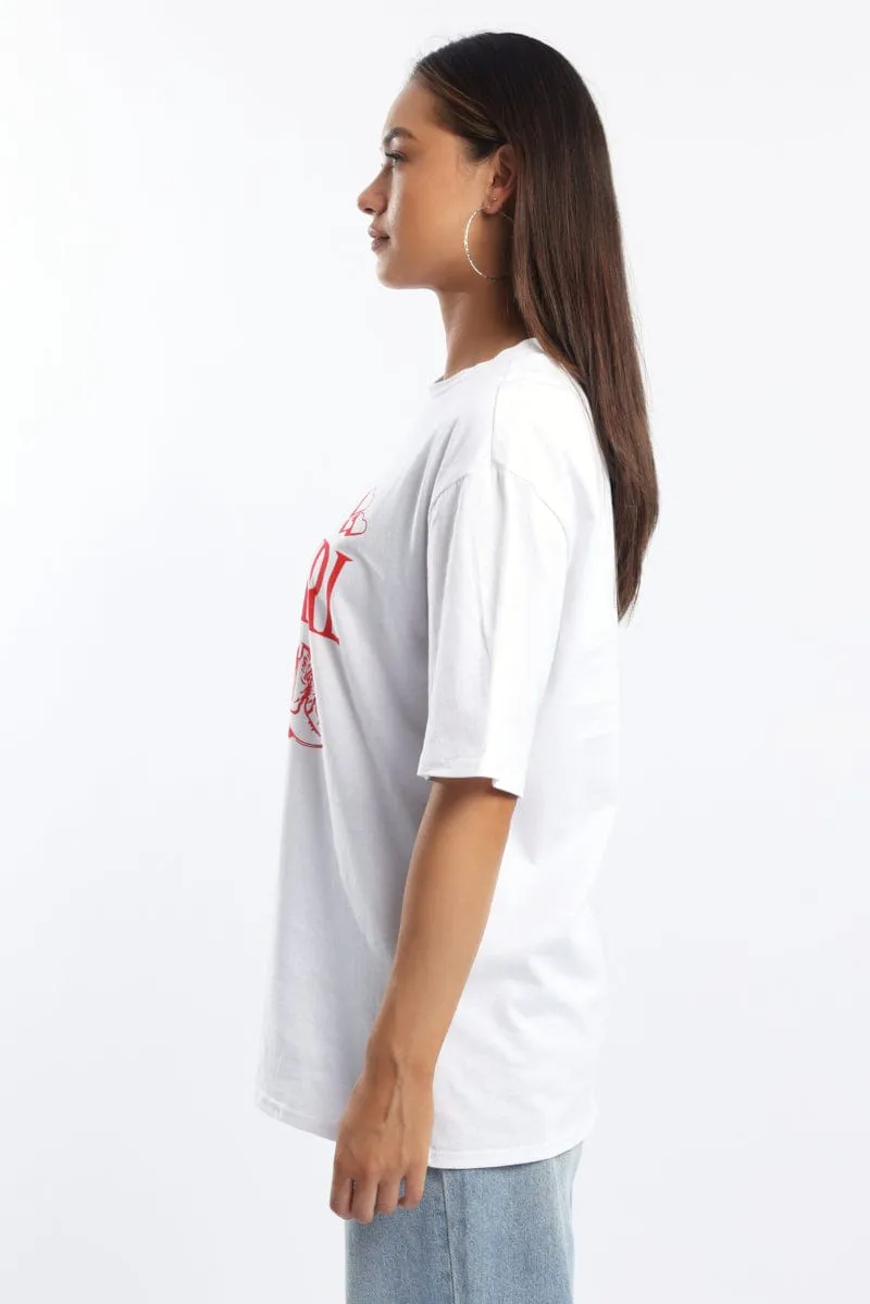 White Graphic Tee Short Sleeve Laser Cut Edges Soft Feel