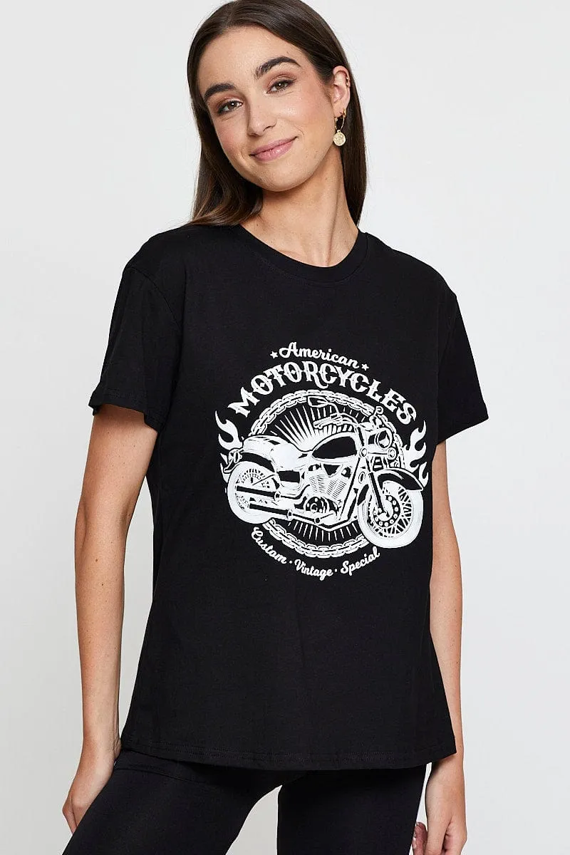 Black Graphic T-Shirt Short Sleeve FadeResistant Coating Easy and Relaxed