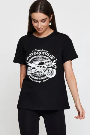 Heathered Fabric Soft Texture Black Graphic T-Shirt Short Sleeve