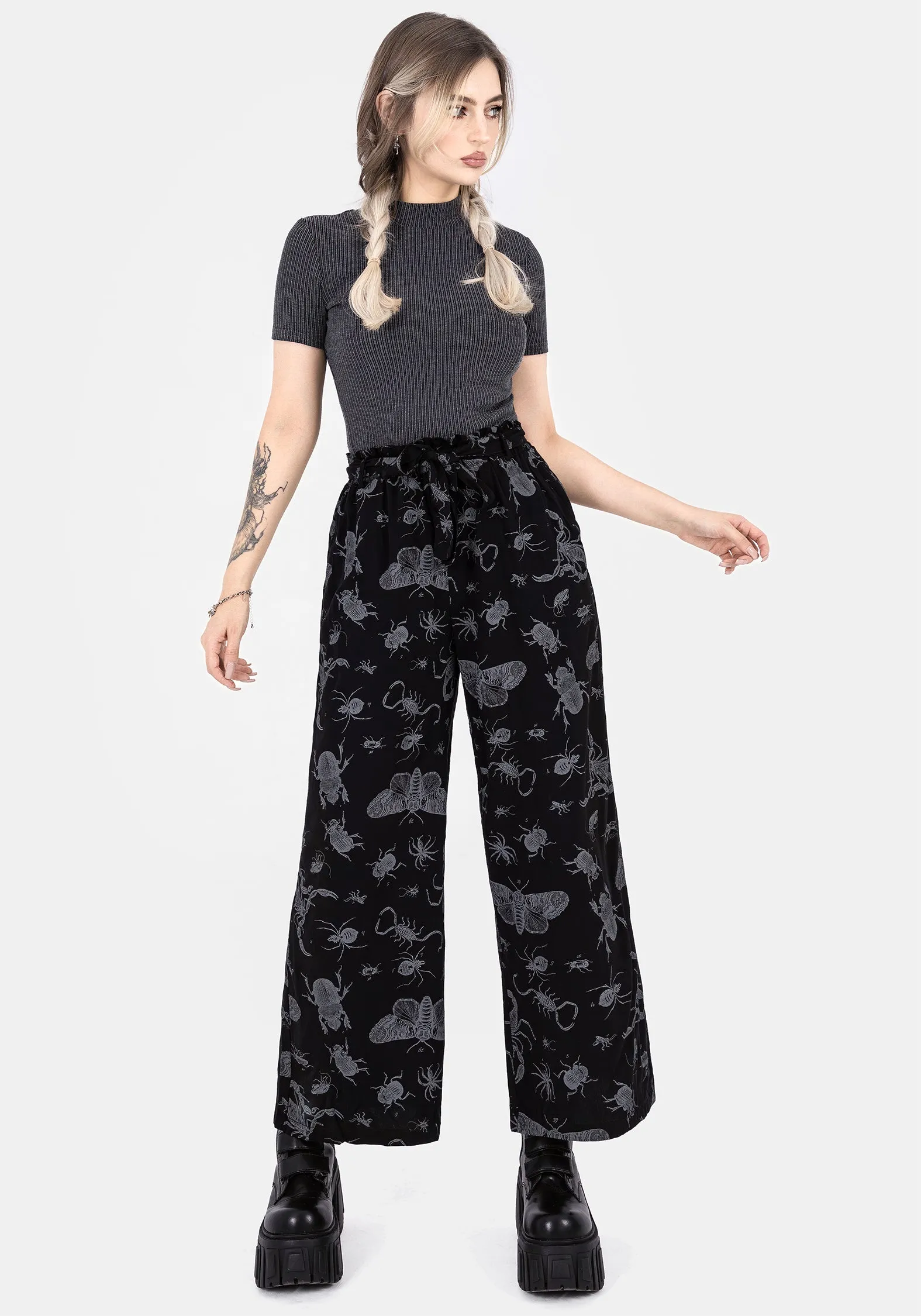Parasite Bugs Wide Leg Paperbag Culotte Trousers - Black wrinkle free Lightweight Feel