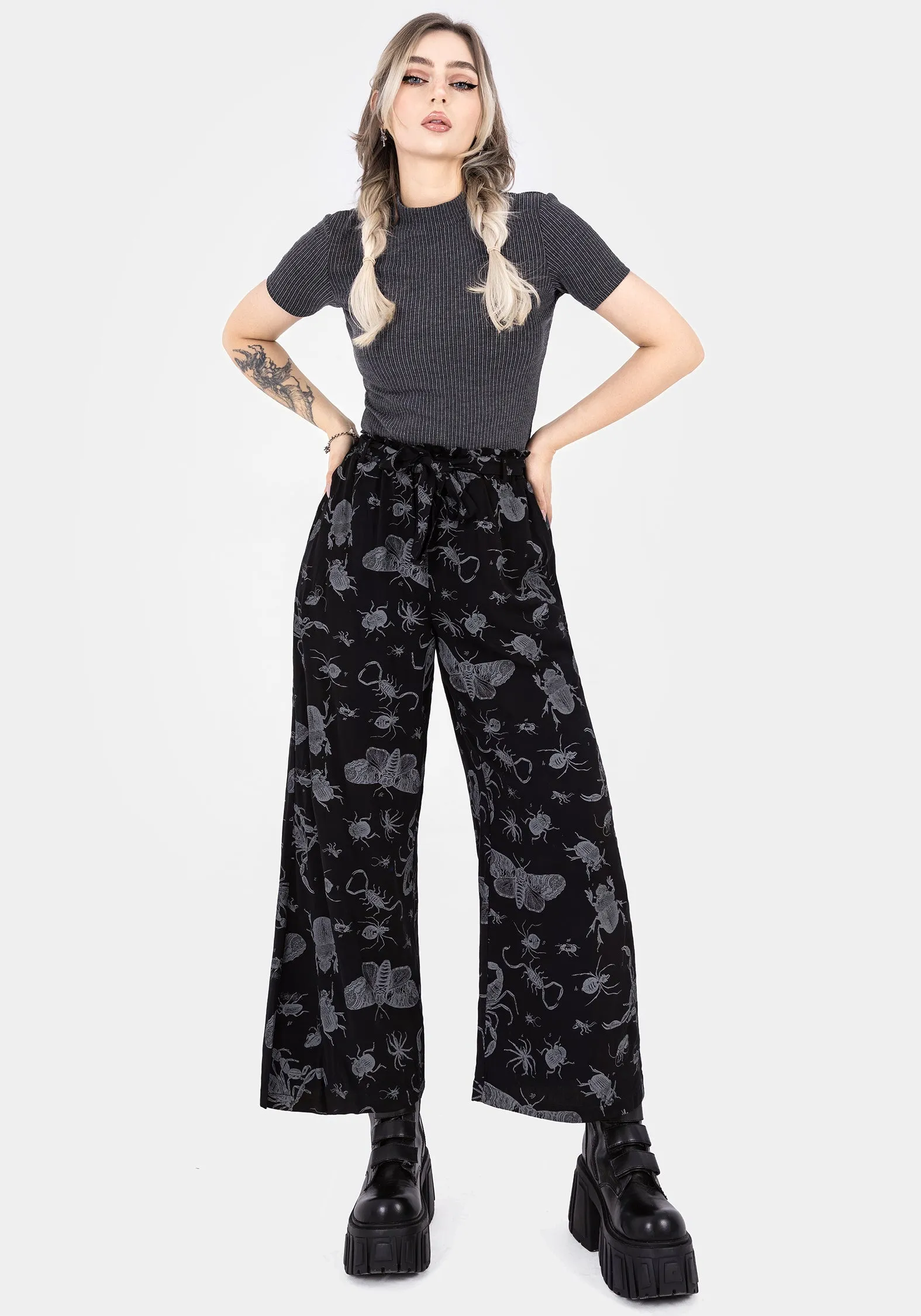 Parasite Bugs Wide Leg Paperbag Culotte Trousers - Black QuickDryTech