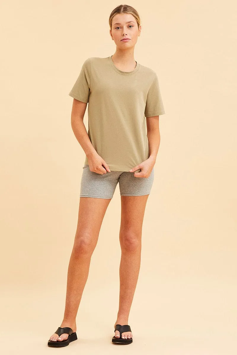 StretchWaistband Green Relaxed T-Shirt Heavy Cotton Crew Neck