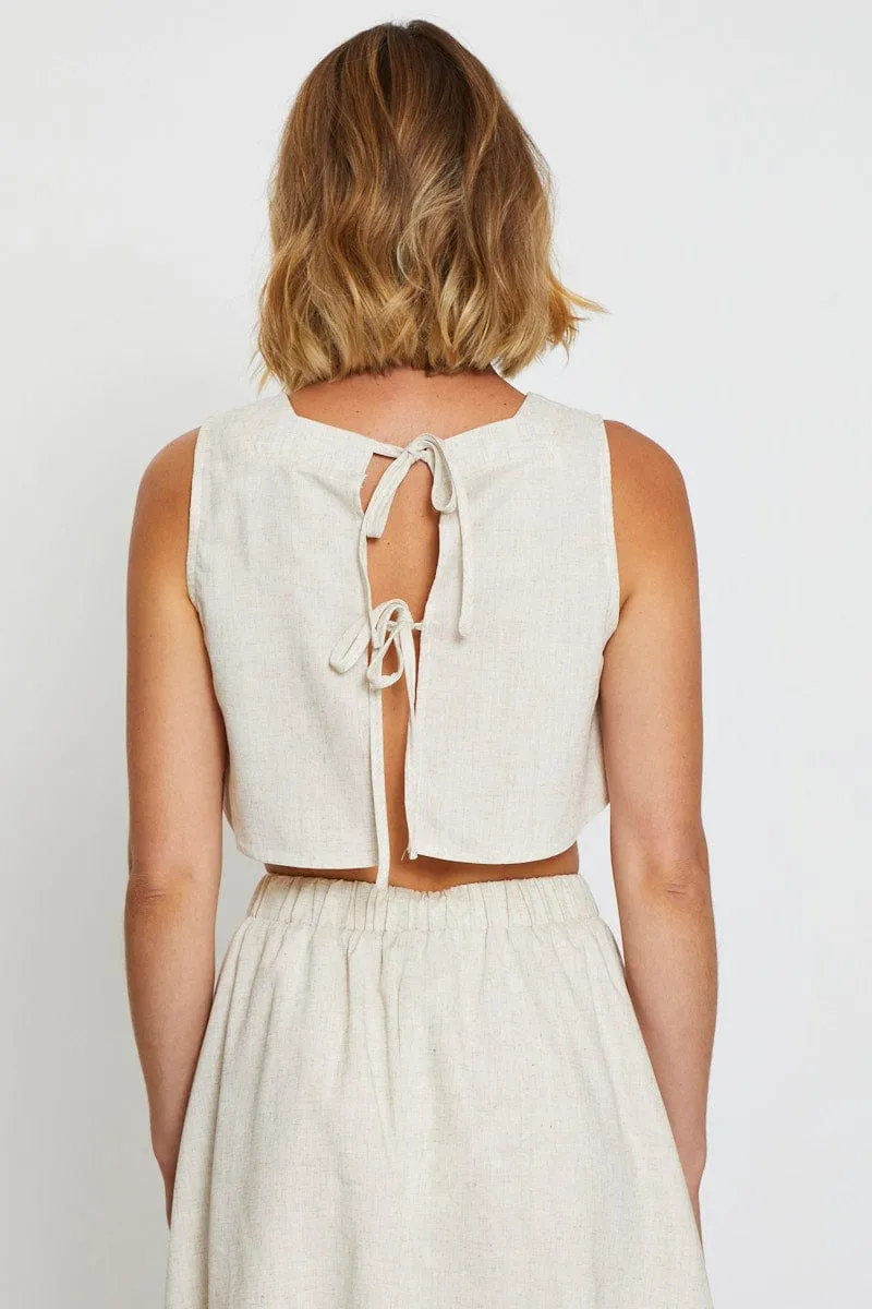 Placket Closure Breezy Design Beige Singlet Top Sleeveless Crop Linen