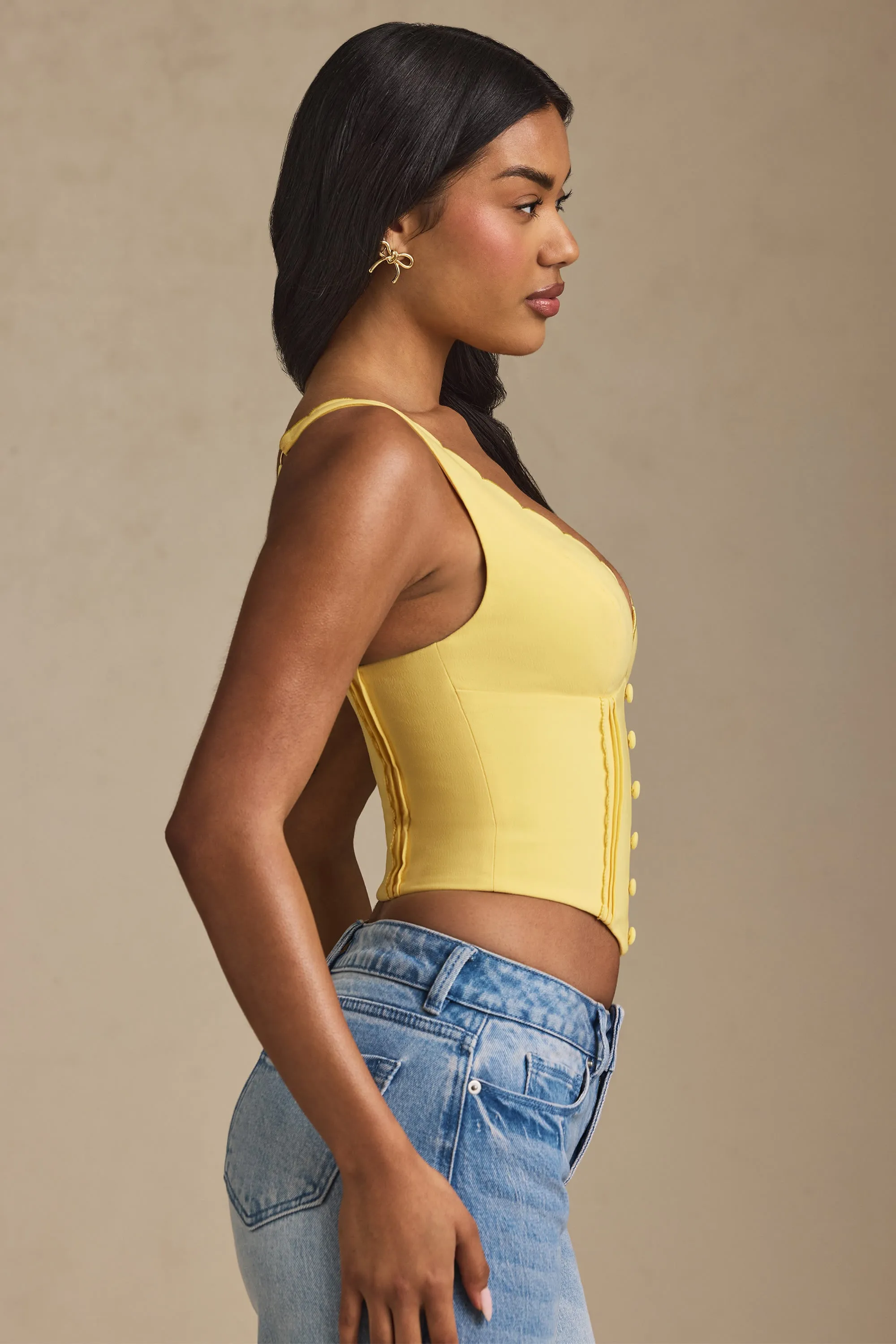Plunge-Neck Scalloped Corset Top in Pastel Yellow NonBindingEdges