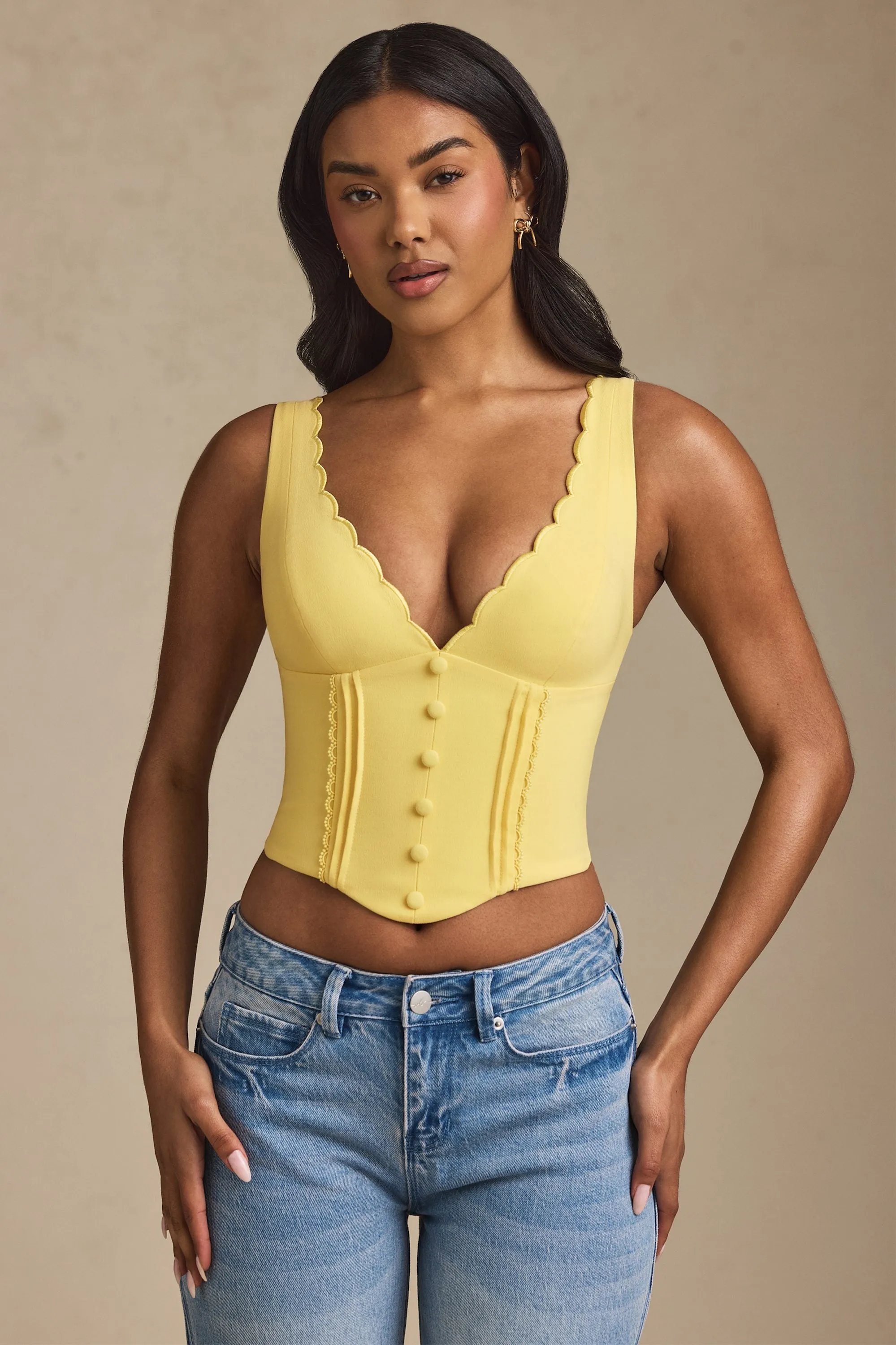 Plunge-Neck Scalloped Corset Top in Pastel Yellow Relaxed Fit Comfortable Jumpsuit