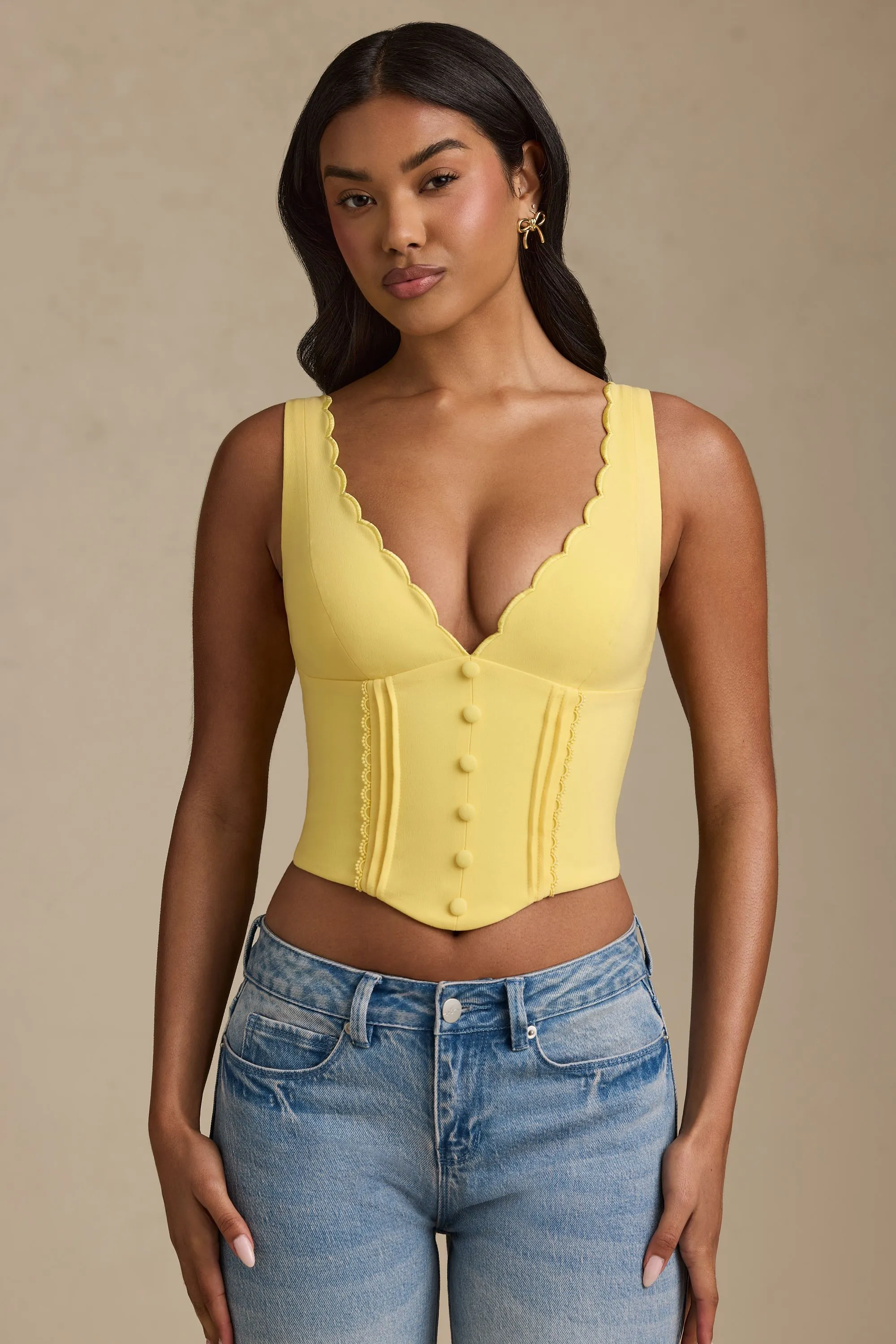 Fashion Footwear PressureRelief Seams Plunge-Neck Scalloped Corset Top in Pastel Yellow