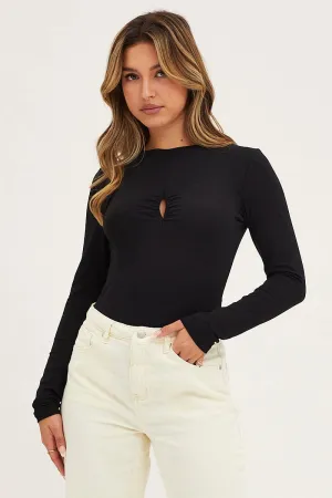 PreShrunk Cotton Relaxation Wear Black Keyhole Bodysuit Long Sleeve