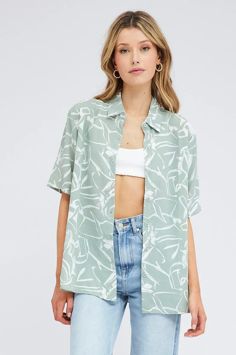 Green Abstract Shirt Short Sleeve DurableThreadwork breathable materials