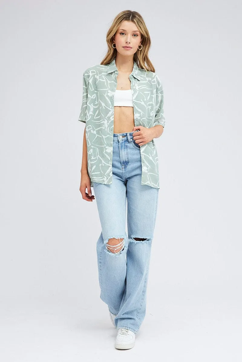 Green Abstract Shirt Short Sleeve Polish Core Net Fit