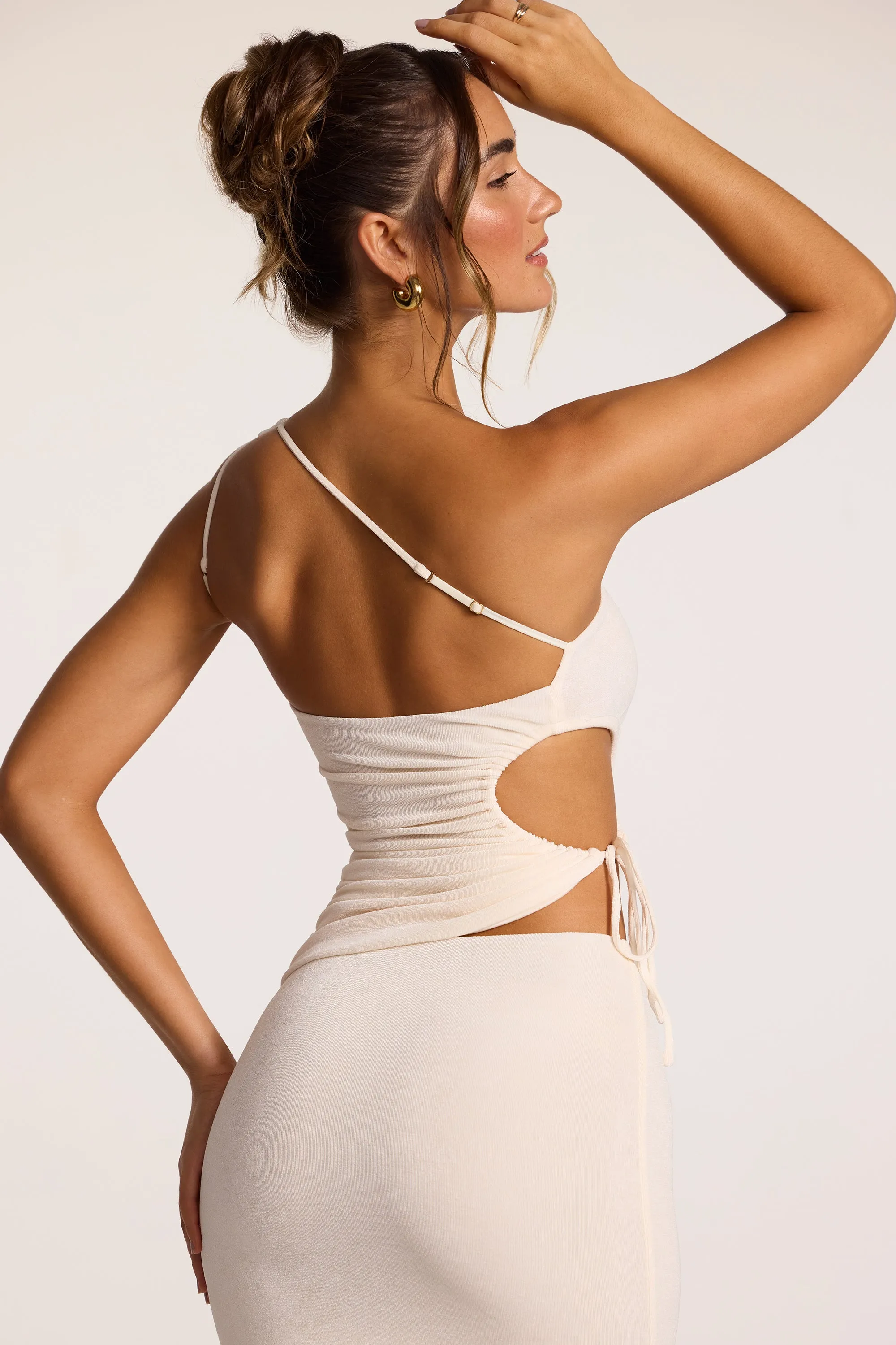 Textured Jersey Low-Rise Maxi Skirt in Ivory Ventilated Slits