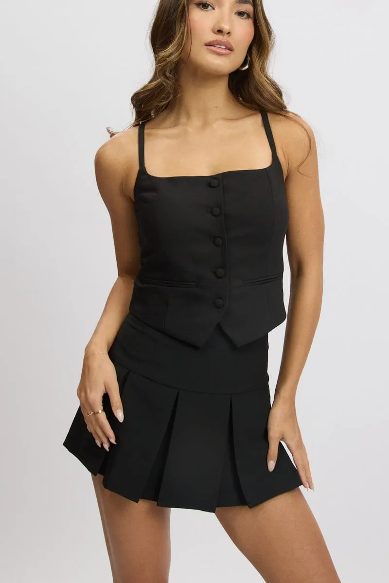 Black Mini Skort Skirt High Rise Box Pleat Lined Seamless Edging Floral Pattern