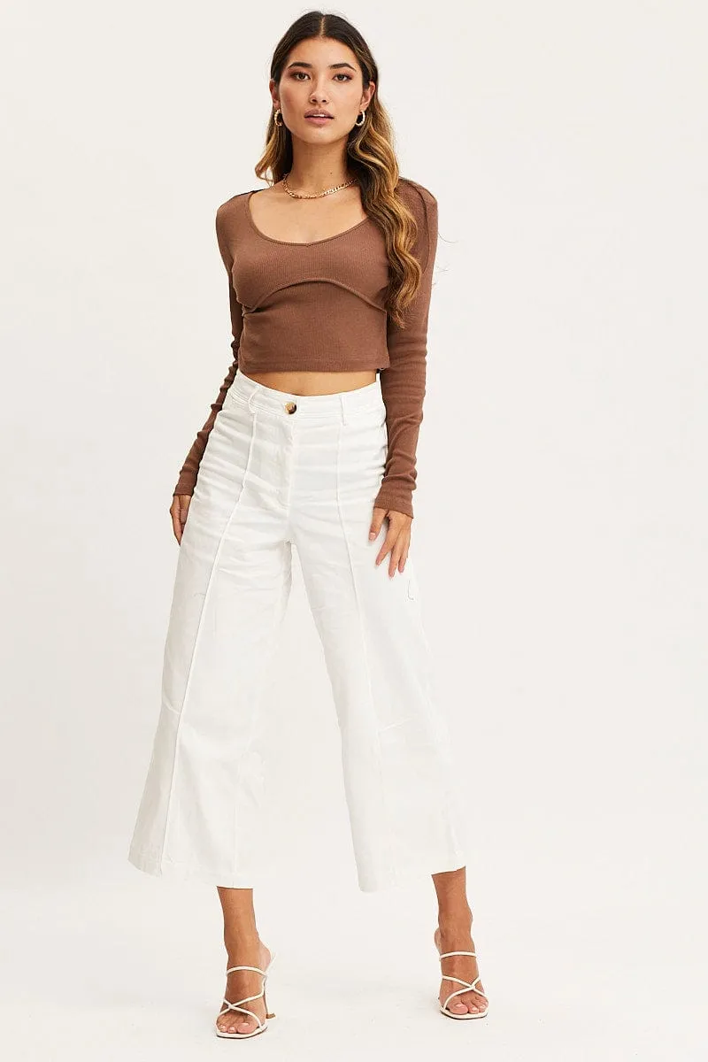 Fashionable Look Brown Top Long Sleeve Round Neck