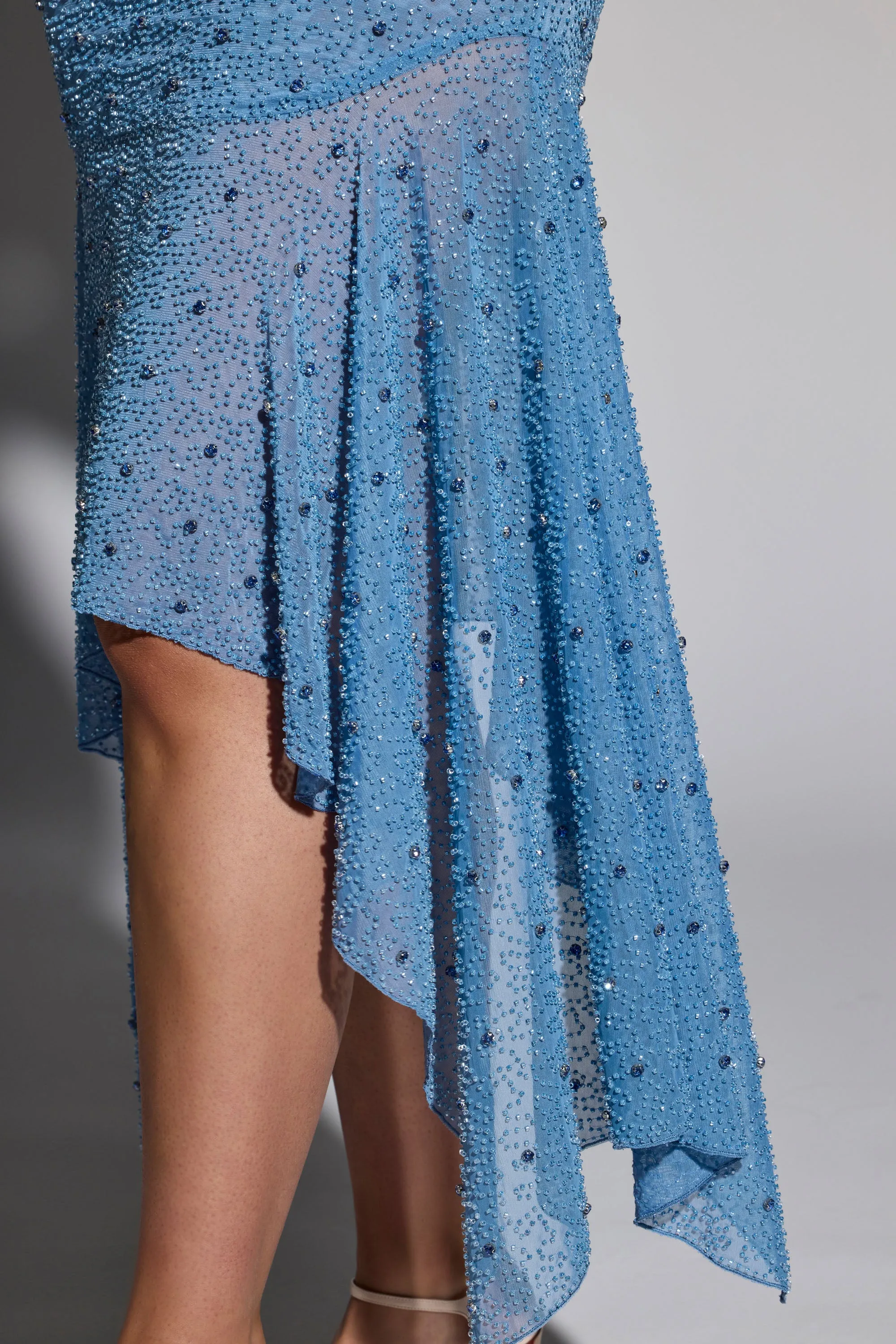 Spring Brunch A Line Silhouette Embellished Handkerchief Hem Skirt in Smokey Blue