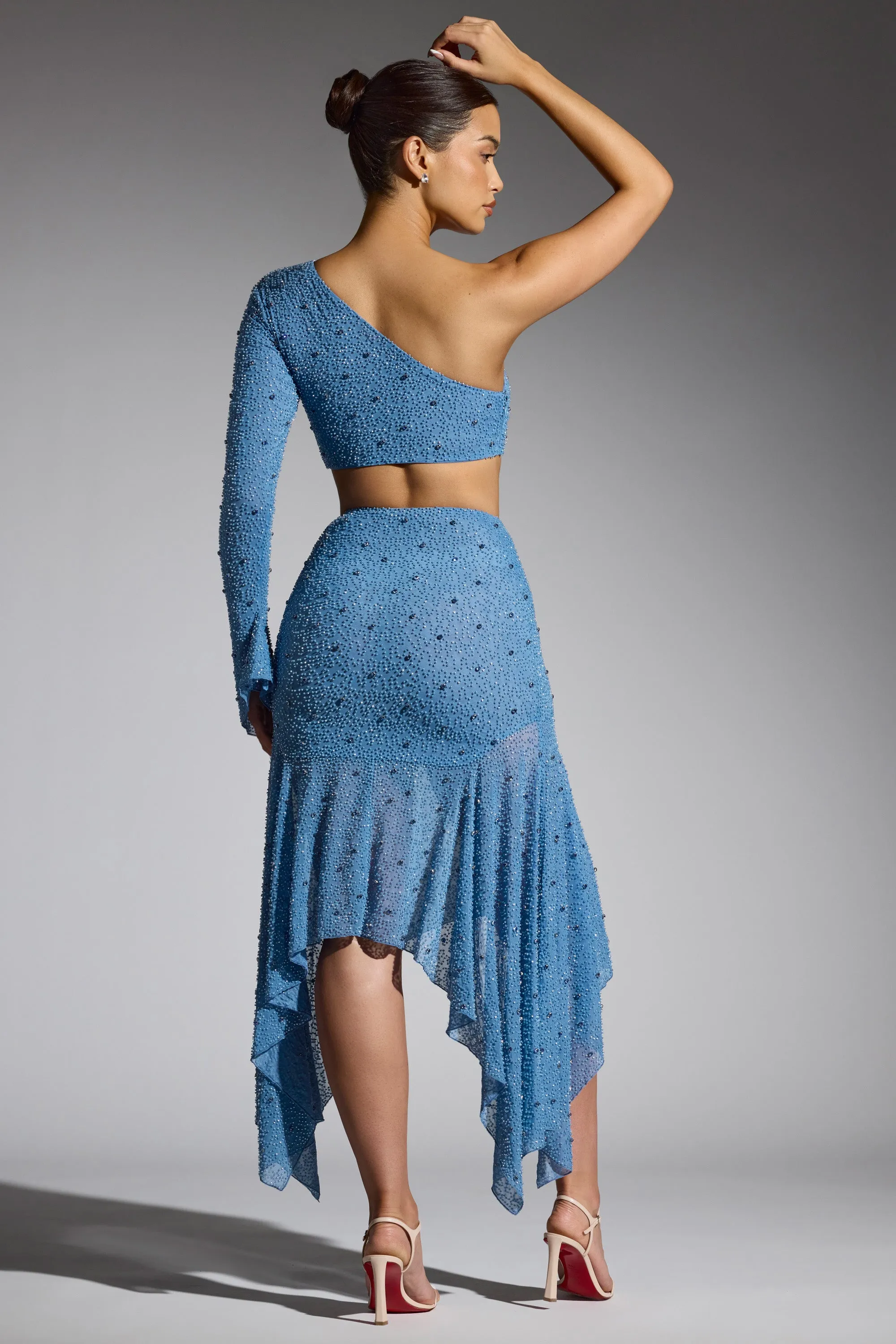 Summer Outfit Smooth Edging Embellished Handkerchief Hem Skirt in Smokey Blue