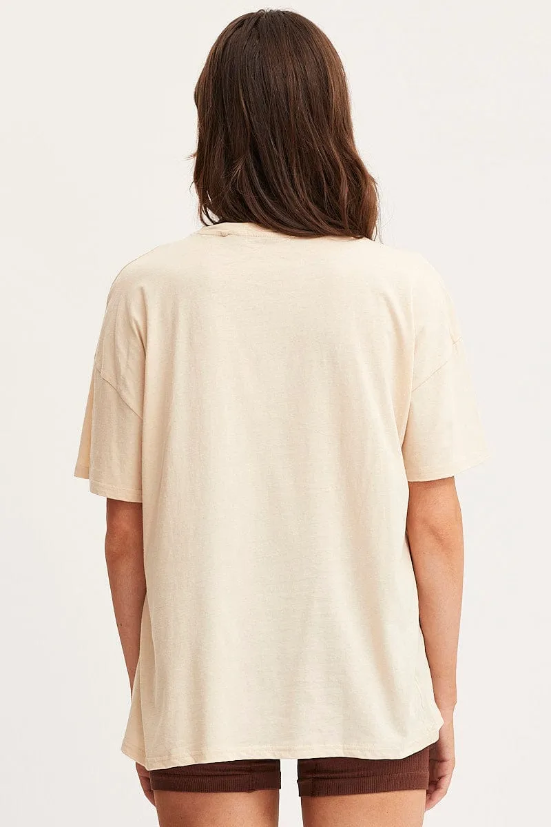 Beige Graphic T Shirt Short Sleeve Relaxed Look Cold Wash Optimized