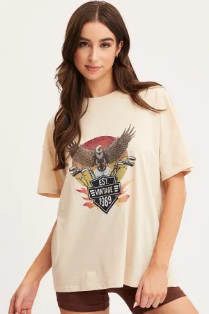 GentleWashResistance Beige Graphic T Shirt Short Sleeve