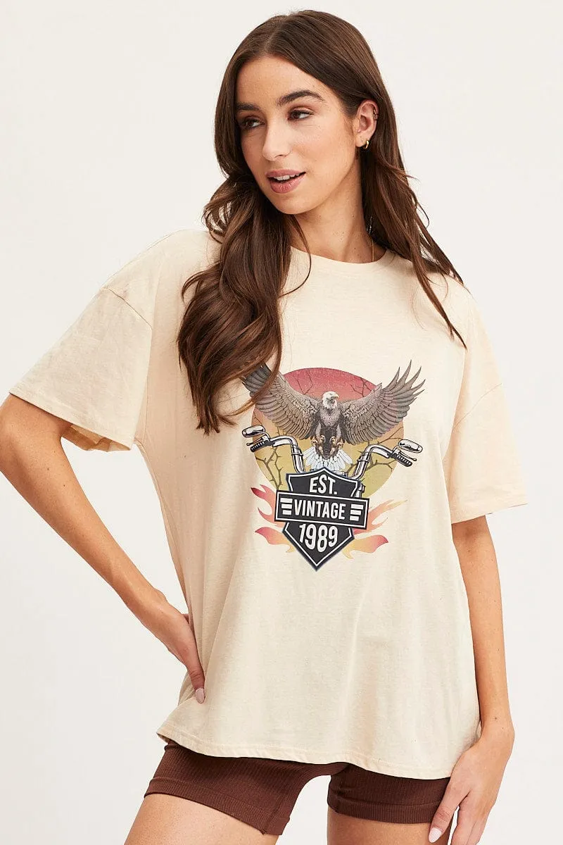Beige Graphic T Shirt Short Sleeve Practical Design vacation wear