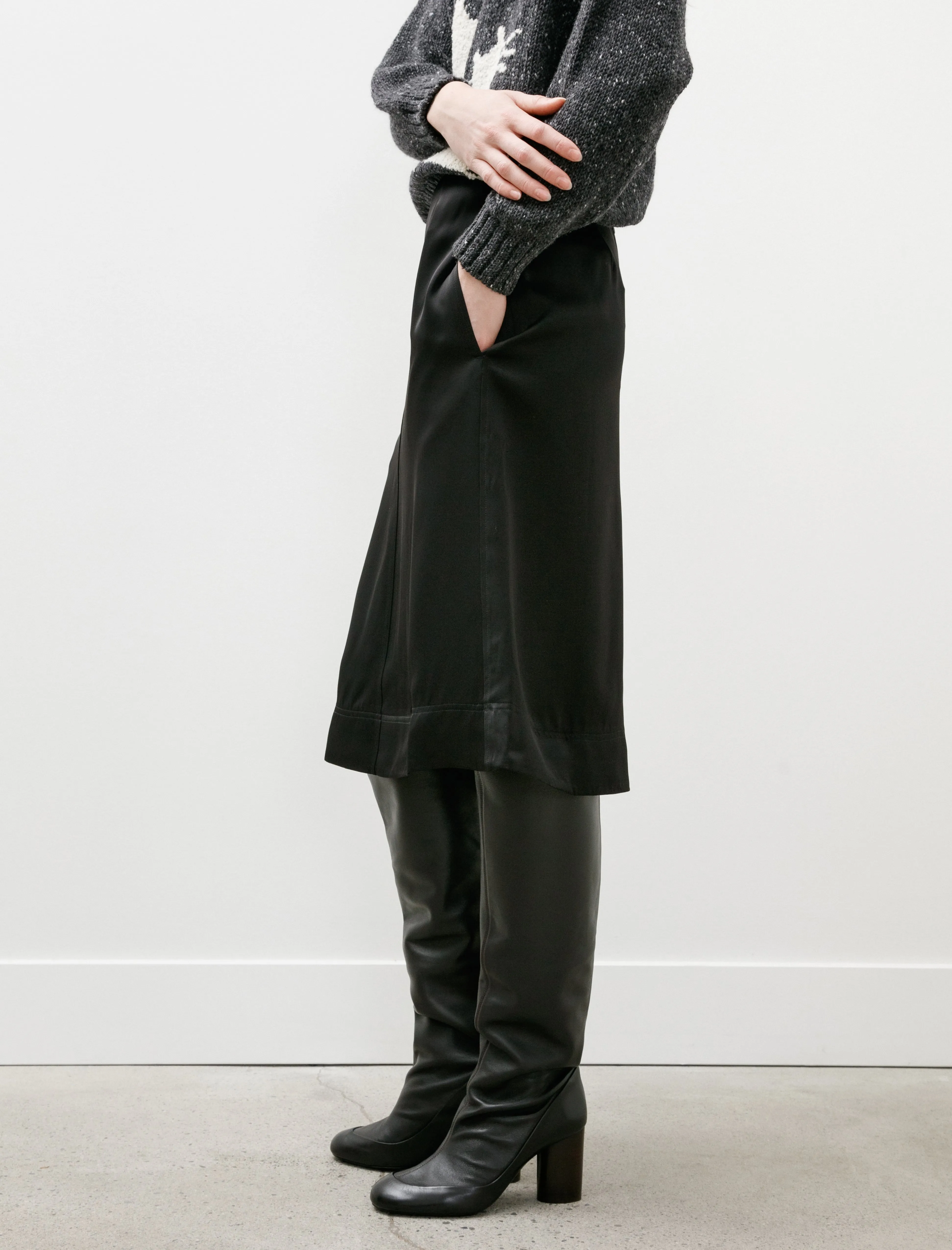 Paneled Satin Skirt Black raw hem Fitted Cut